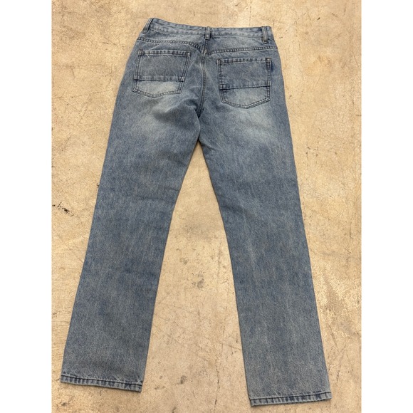 Distressed Ripped Jeans Mens Blue Denim Cargo Zip Pockets Straight Leg - Picture 2 of 4